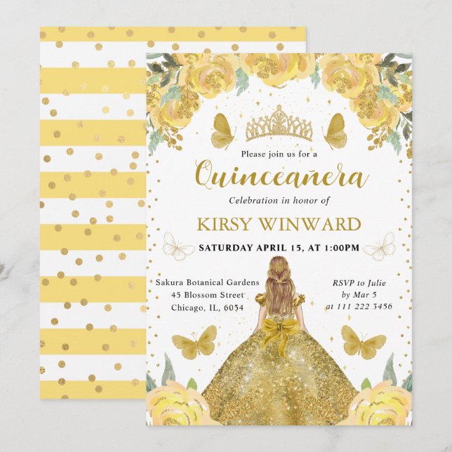 Guld Dress Blonde Princess Quinceanera Inbjudningar (Fram/baksida)
