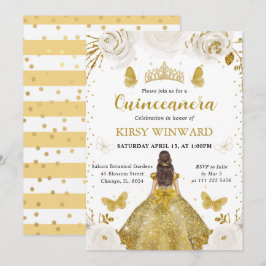 Guld Dress Brunette Princess Quinceanera Inbjudningar
