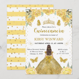 Guld Dress Brunette Princess Quinceanera Inbjudningar