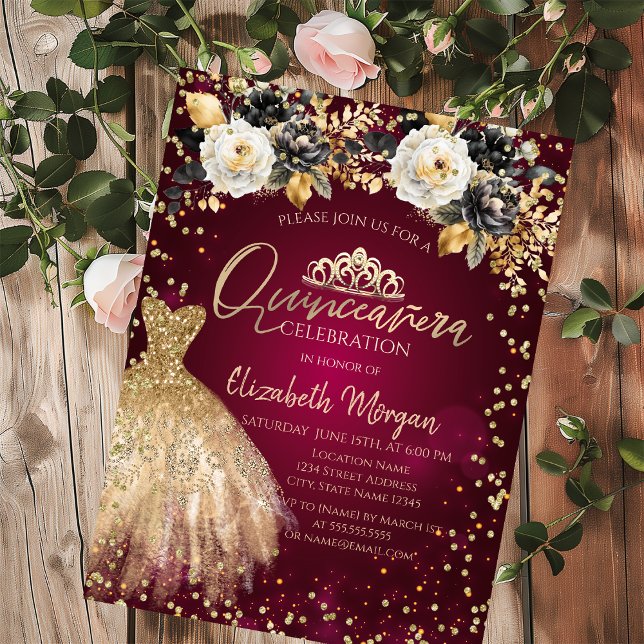 Guld Dress Diamonds Flowers Burgundy Quinceañera Inbjudningar (Skapare uppladdad)