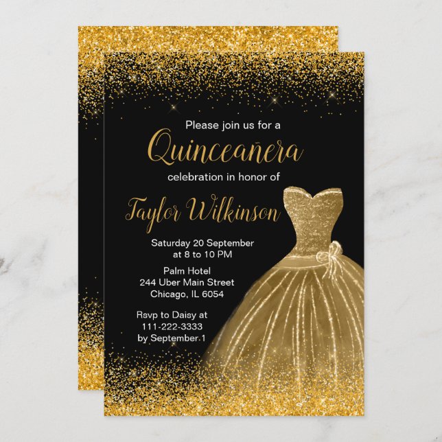 Guld Dress Faux Glitter Quinceanera Inbjudningar (Fram/baksida)