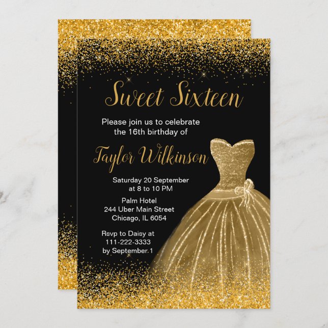 Guld Dress Faux Glitter Sweet 16 Birthday Inbjudningar (Fram/baksida)