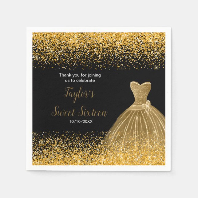 Guld Dress Faux Glitter Sweet 16 Birthday Pappersservett (Framsidan)