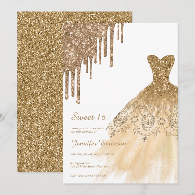 Guld Dress Glitter-drivrutiner Sweet sixteen Inbjudningar (Fram/baksida)