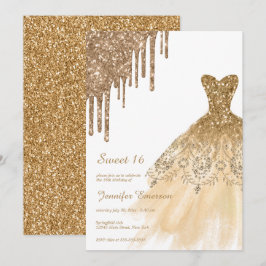 Guld Dress Glitter-drivrutiner Sweet sixteen Inbjudningar