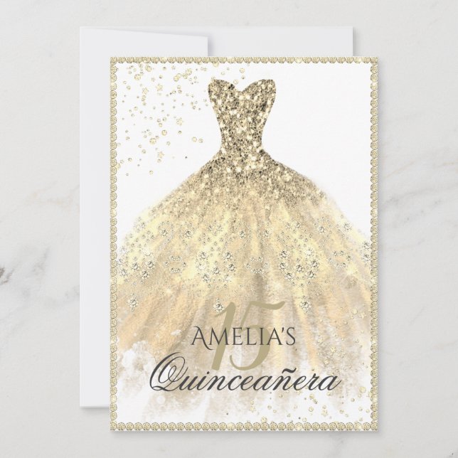 Guld Dress Gnistra 15:e Quinceanera Inbjudningar (Framsida)