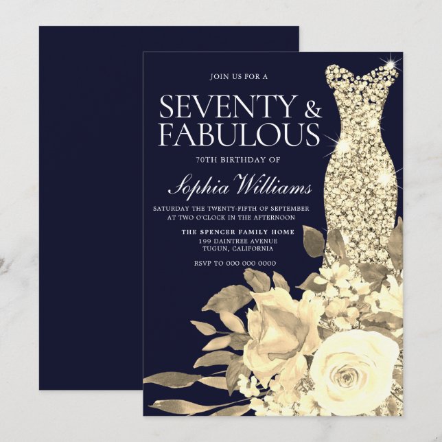 Guld Dress Golden Flowers Navy 70:e Födelsedagsfes Inbjudningar (Fram/baksida)