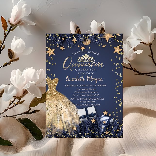 Guld Dress,Grenar,Diamonds Navy Blue Quinceañera Inbjudningar (Skapare uppladdad)