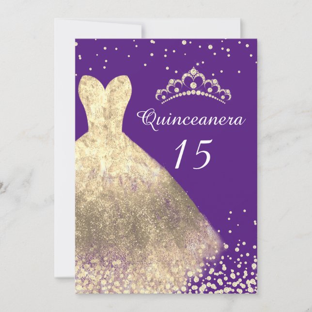 Guld Dress Lila Quinceanera 15:e Födelsedagsfesten Inbjudningar (Framsida)
