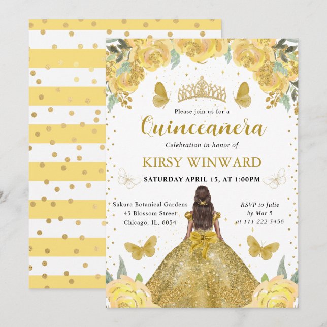 Guld Dress Mörk Skin Princess Quinceanera Inbjudningar (Fram/baksida)