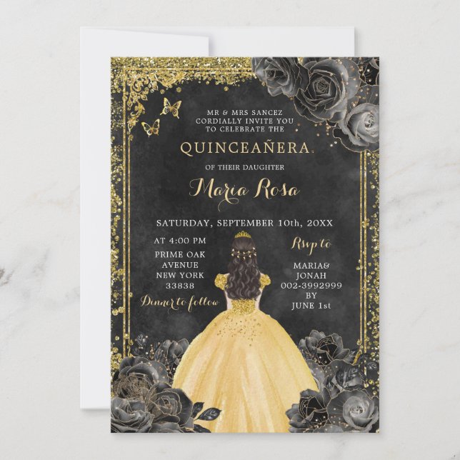 Guld Dress och Black Ro Royale Quinceañera Inbjudningar (Framsida)