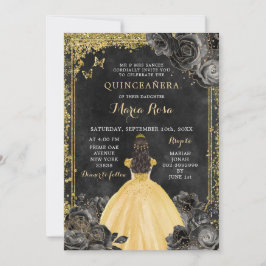 Guld Dress och Black Ro Royale Quinceañera Inbjudningar