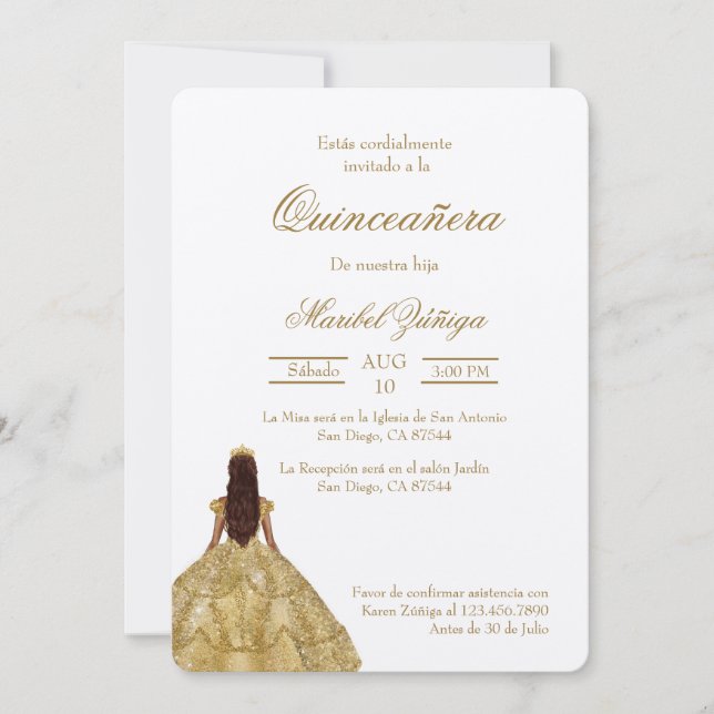 Guld dress Quinceanera-inbjudan Inbjudningar (Framsida)