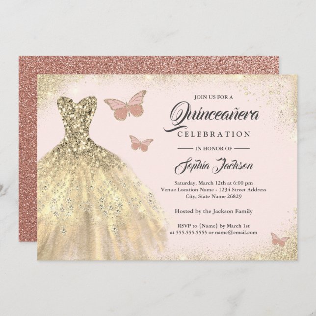 Guld Dress Ro Guld Butterfly Quinceanera Inbjudningar (Fram/baksida)