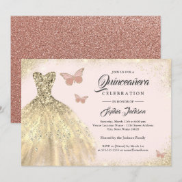 Guld Dress Ro Guld Butterfly Quinceanera Inbjudningar
