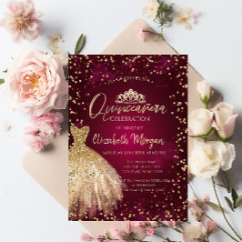 Guld Dress Tiara,Diamonds Burgundy Quinceañera Inbjudningar