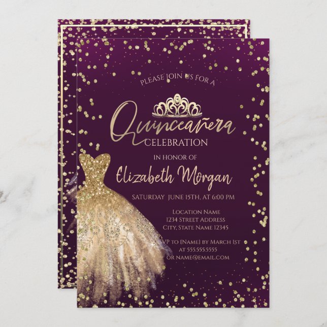 Guld Dress Tiara,Diamonds Violet Quinceañera Inbjudningar (Fram/baksida)