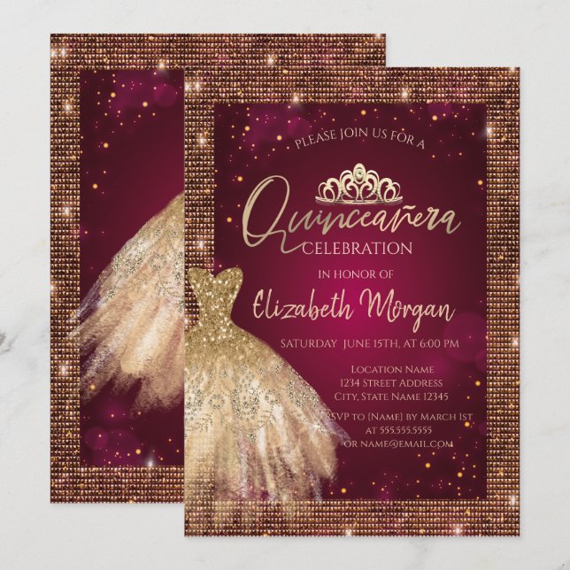 Guld Dress Tiara,Sequins Burgundy Quinceañera Inbjudningar (Fram/baksida)