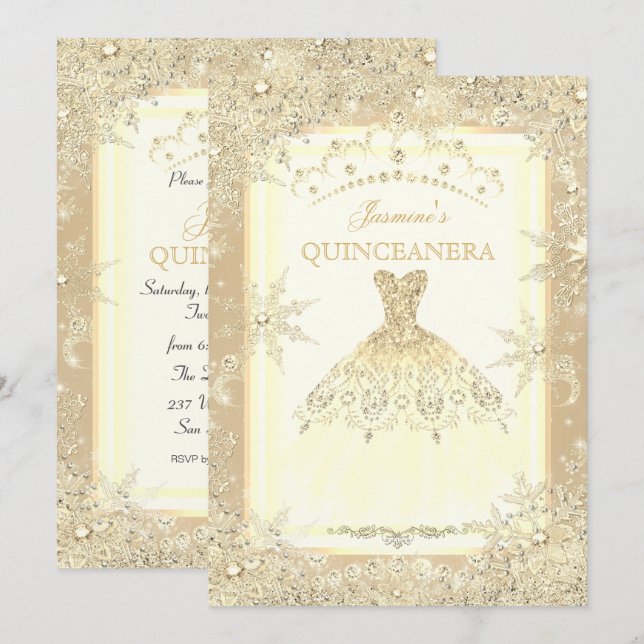 Guld Dress Tiara Winter Wonderland Quinceanera Inbjudningar (Fram/baksida)