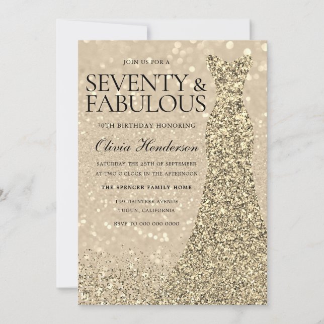 Guld Dress Womans 70:e Födelsedagsfestens Gnistra Inbjudningar (Framsida)