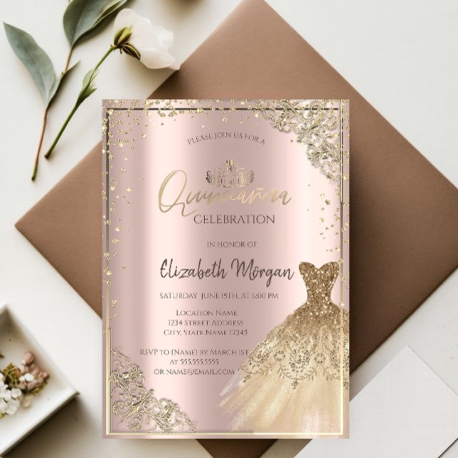 Guld DressTiara,Diamonds Ro Guld Quinceañera Inbjudningar (Skapare uppladdad)