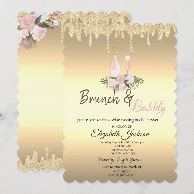 Guld Drips Brunch & Bubbly Blommor Bröllopsdusch Inbjudningar (Fram/baksida)
