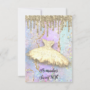 Guld Drips Prinsessklänning Sweet 16th Holografisk Inbjudningar