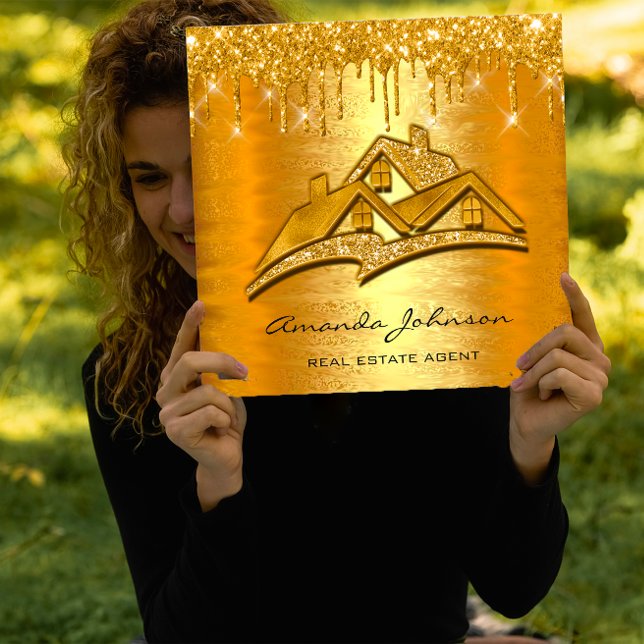 Guld Drives Logotyp House Real Gods Agent Luxury Fyrkantigt Visitkort (Gold Drips Logo House Real Estate Agent Luxury Square Business Card)