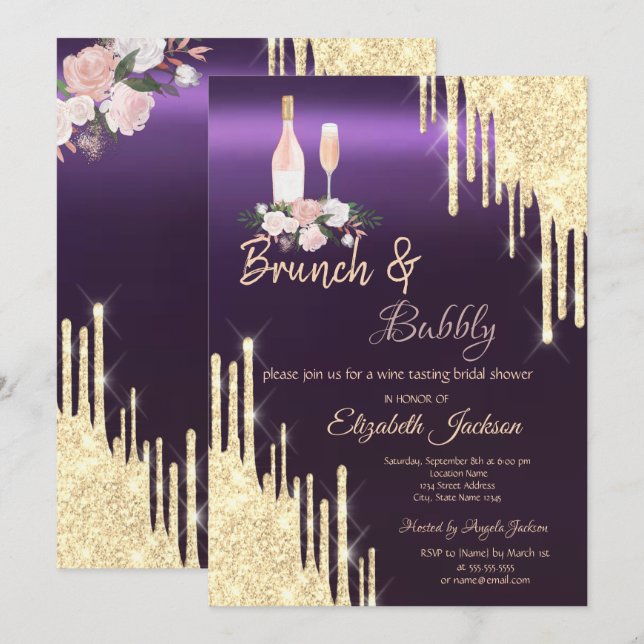 Guld Dropar Brunch & Bubbly Lila Bröllopsdusch Inbjudningar (Fram/baksida)