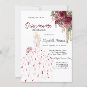 Guld Dropp, Klänning, Vattenfärg Rosor Quinceanera Inbjudningar