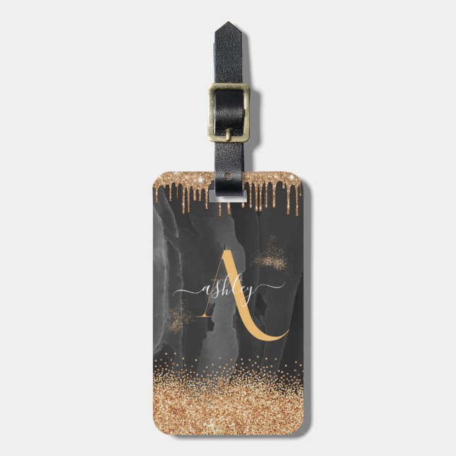Guld Droppande Glitter Monogram Anpassad Metallisk Bagagebricka (Vertikal Framsida)