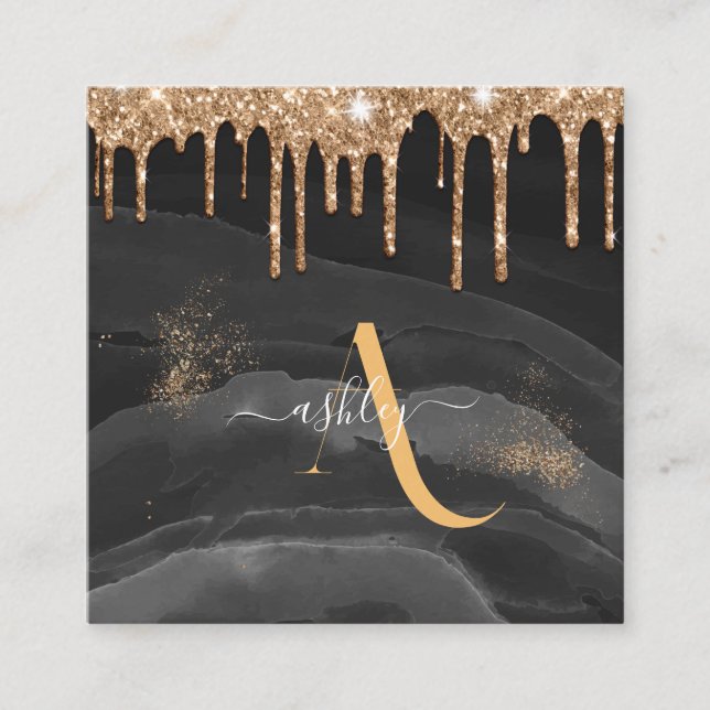 Guld Droppande Glitter Monogram Anpassad Metallisk Fyrkantigt Visitkort (Framsida)