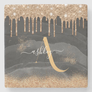 Guld Droppande Glitter Monogram Anpassad Metallisk Stenunderlägg