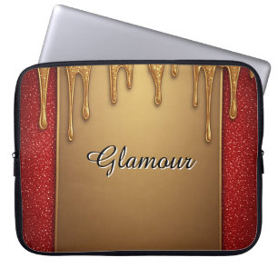 Guld droppande glitterram på röd glittrig bakgrund laptop fodral