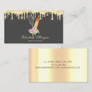 Guld Droppande Kavel Visp Blommor Bageri Visitkort