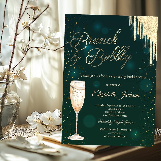 Guld droppar vin Grön Brunch & Bubbly  Inbjudningar (Skapare uppladdad)