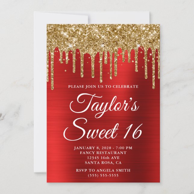 Guld-dropparmatur, Glitter Red Foil Sweet 16 Inbjudningar (Framsida)