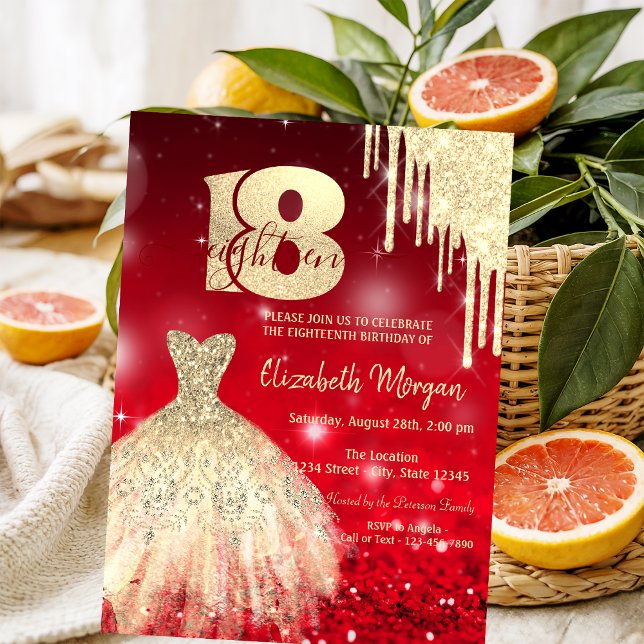  Guld Droppklänning Röd Bokeh 18-årsdag  Inbjudningar (Skapare uppladdad)