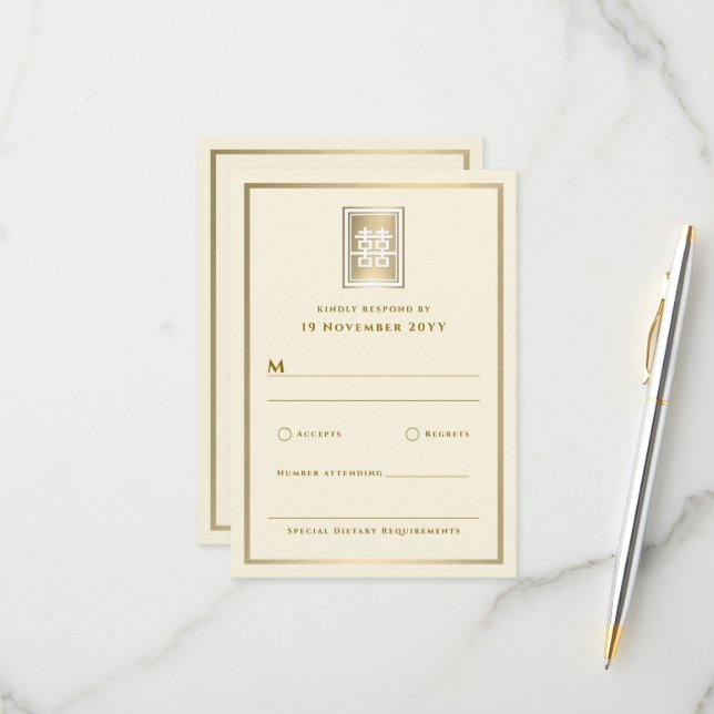 Guld Dubbla Happity Elegant kinesiska Bröllop OSA Kort (Fram/Back In Situ)