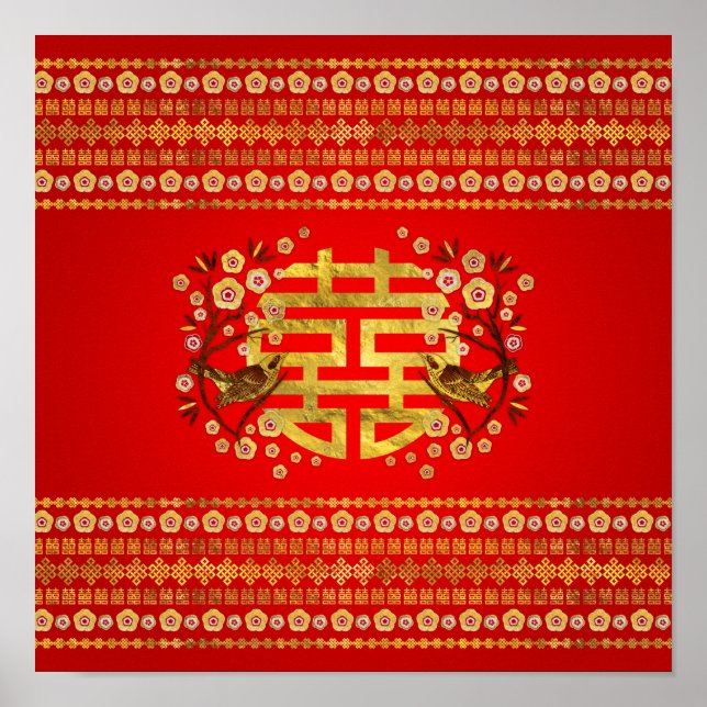 Guld Dubbla Happity Symbol med blommor och fågel Poster (Framsidan)