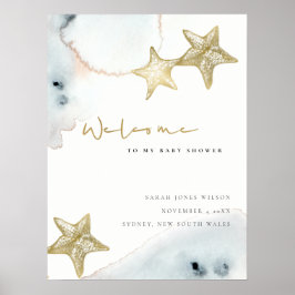 Guld Dusky Blue Beach Starfish Baby Shower Välkomm Poster