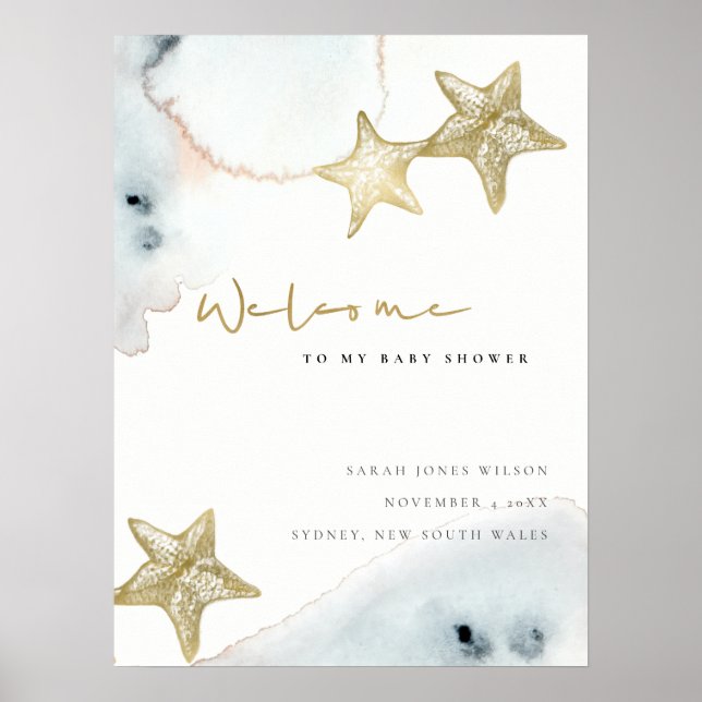 Guld Dusky Blue Beach Starfish Baby Shower Välkomm Poster (Framsidan)