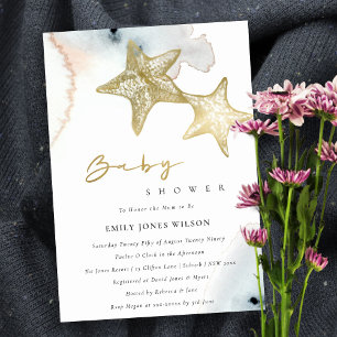 GULD DUSKY BLUE BEACHY STARFISH BABY SHOWER INBJUD TACK KORT
