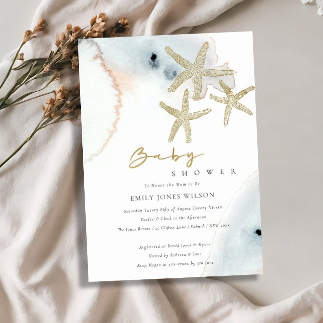 GULD DUSKY BLUE BEACHY STARFISH BABY SHOWER INBJUD TACK KORT (Skapare uppladdad)
