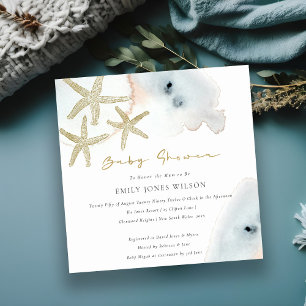 GULD DUSKY BLUE BEACHY STARFISH BABY SHOWER INBJUD TACK KORT