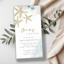 GULD DUSKY BLUE BEACHY STARFISH BABY SHOWER INBJUD TACK KORT