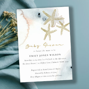 Guld Dusky Blue Beachy Starfish Baby Shower Inbjudningar