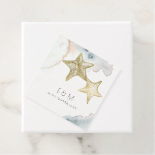 GULD DUSKY BLUE BEACHY STARFISH MONOGRAM BRÖLLOP GÅVOR ETIKETTER