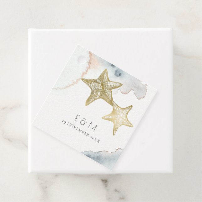 GULD DUSKY BLUE BEACHY STARFISH MONOGRAM BRÖLLOP GÅVOR ETIKETTER (På plats)