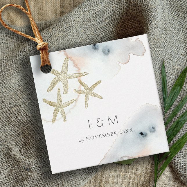 GULD DUSKY BLUE BEACHY STARFISH MONOGRAM BRÖLLOP GÅVOR ETIKETTER (Skapare uppladdad)